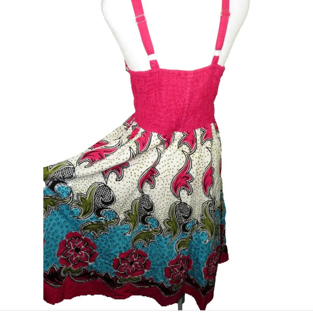 Indian Tropical Fashion Women's Size M/L Multi Color Floral V Neck Smocked Dress